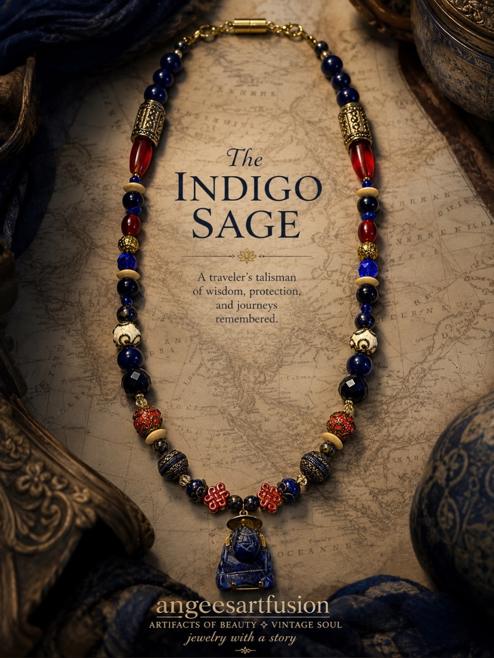 “The Indigo Sage”-OOAK Lapis,Sodalite,Vintage Czech Glass,Bone,Acrylic Necklace